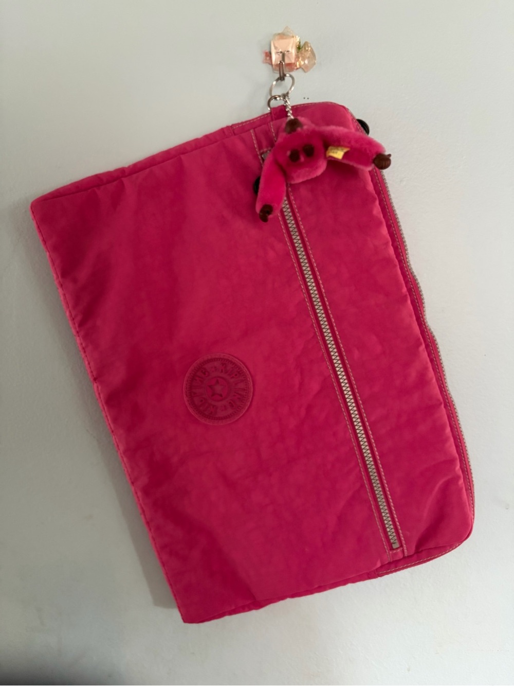 Kipling Hot Pink Nylon Wristlet Pouch with Monkey Charm